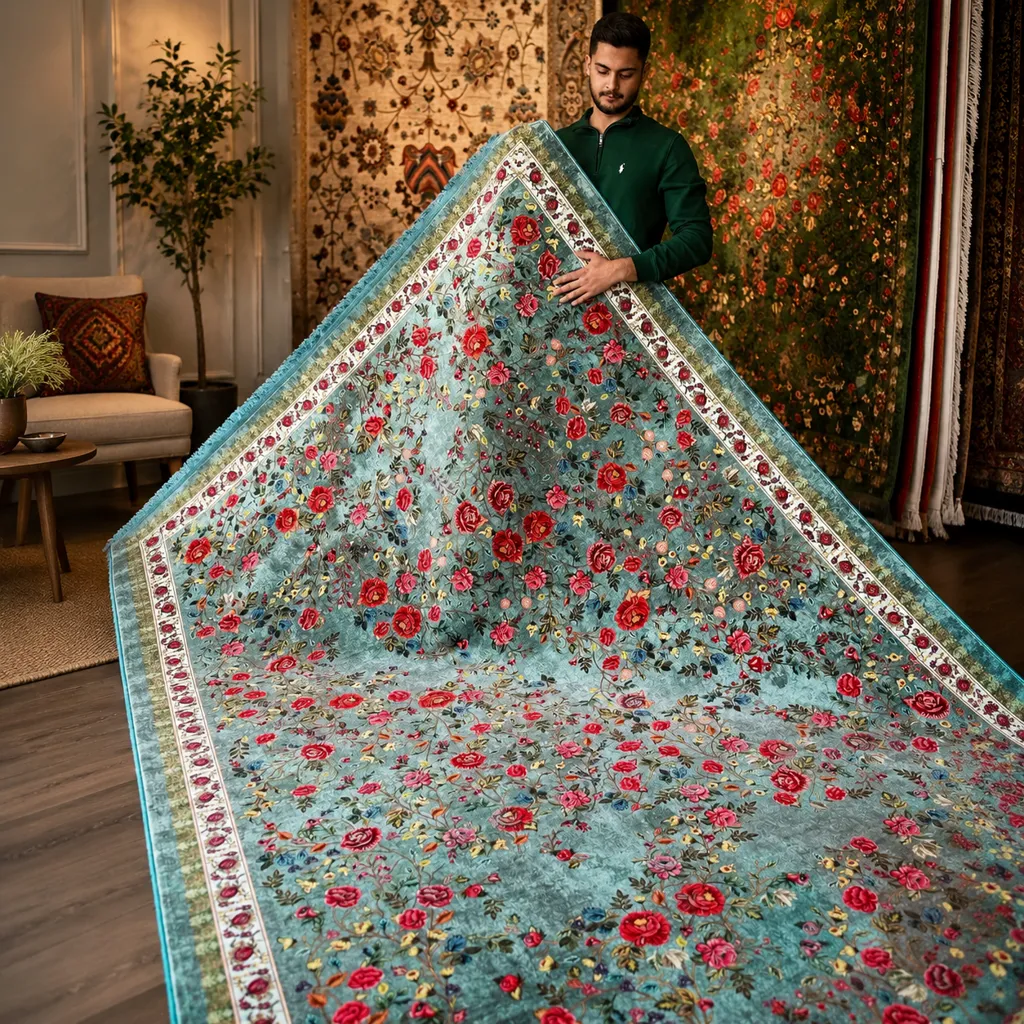 فرش گل‌بهار ماچا با طراحی گل‌دار