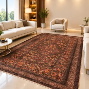 استفاده از فرش با زمینه رنگ موکایی و طرح کلاسیک در اتاق نشیمن با دکوراسیون روشن